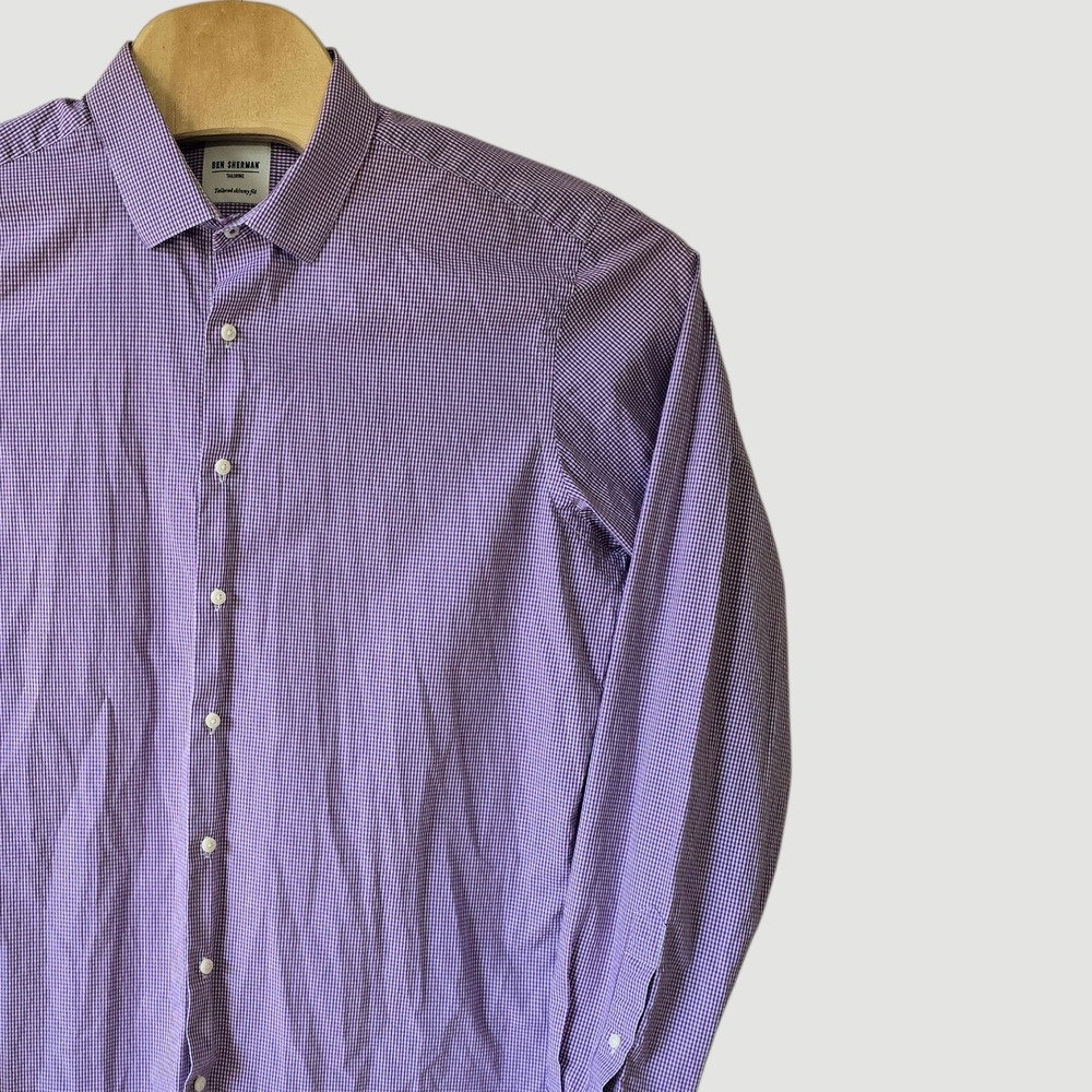 BEN SHERMAN Tailored Skinny Fit Gingham Dress Shirt Purple White Mens Sz 17